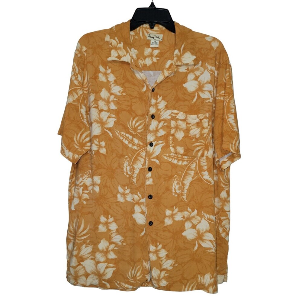 Panama Jack Mens Hawaiian Shirt‎ L Short Sleeve Button Up Collared Orange Rayon